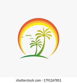 sunset and palm on beach logo template