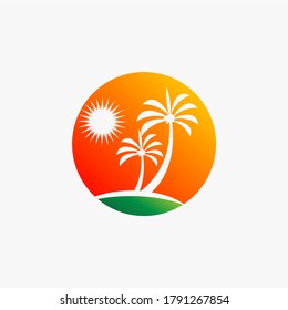 sunset and palm on beach logo template