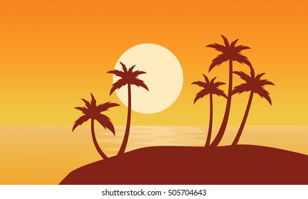 At sunset palm on seaside scenery vector flat