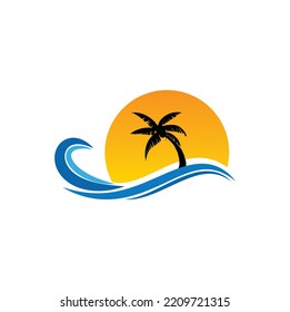 puesta de sol con ilustración de palmera diseño de logotipo mínimo 