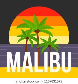 Sunset palm tree malibu beach background. Flat illustration of sunset palm tree malibu beach vector background for web design