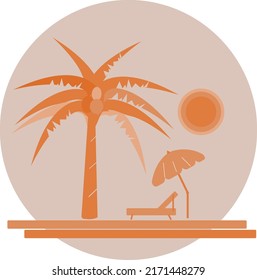 palmera anaranjada al atardecer y palmera, paisaje estival, tumbona y paraguas о la playa