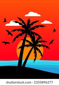 Sunset palm tree sea and birds in vector 
