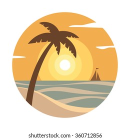 Sunset with palm tree and ship on the horizon.