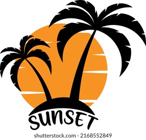 Atardecer con palmera. Diseño de verano.