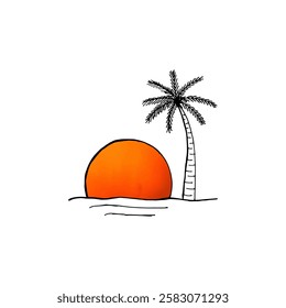 Sunset palm tree tropical island beach summer sea hand-drawn holiday logo concept.