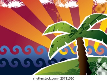 Sunset with a palm tree. Vector illustration.