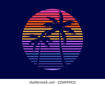 Sunset with palm trees in 80s style. Retro futuristic sun with outline palm trees in synthwave style. Design for printing advertising brochures, banners and posters. Vector illustration