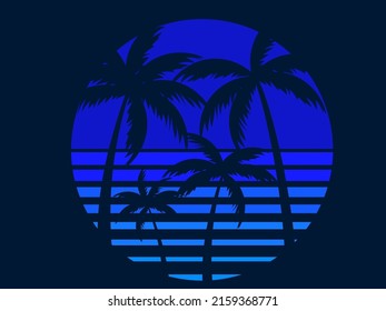 Sunset with palm trees in 80s style. Retro futuristic sun with outline palm trees in synthwave style. Design for printing advertising brochures, banners and posters. Vector illustration