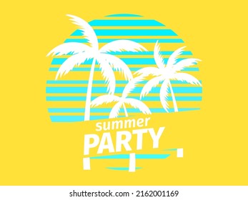 Sunset with palm trees in 80s style. Summer party. Retro futuristic sun with outline palm trees in synthwave style. Design for printing advertising brochures, banners and posters. Vector illustration
