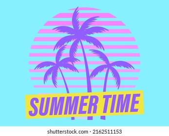 Sunset with palm trees in 80s style. Summer party. Retro futuristic sun with outline palm trees in synthwave style. Design for printing advertising brochures, banners and posters. Vector illustration