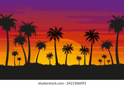 Sunset and palm trees. Beach landscape with palms silhouettes on evening. Tropical exotic nature, bright flat abstract neoteric vector background