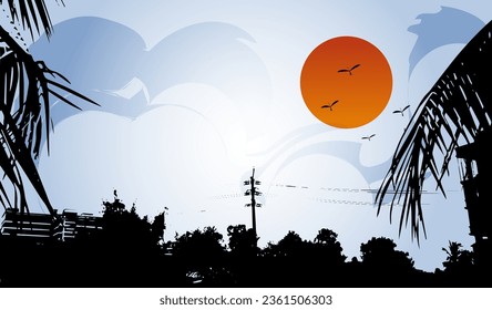 a sunset with palm trees and birds flying over it, branch, sun, sky, nature, tree, sunset, dark, autumn, outdoor, landscape, mountains, yellow, mountain, bat, vector, art, orange, spooky, moon,