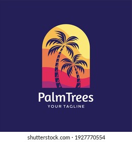 sunset palm trees logo template. - vector