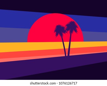 Sunset with palm trees on the background, style 80s. Stripes as a background. Vector illustration