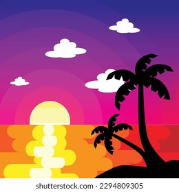 Sonnenuntergang mit Palmen auf buntem Hintergrund.