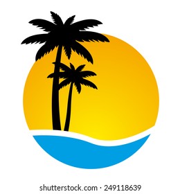 Sunset and palm trees on island, vector illustration