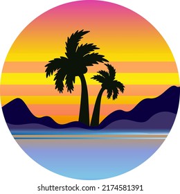 Atardecer Con Palmeras De Estilo Grunge Retroondulado. Diseño de iconos modernos en el futuro. ilustración vectorial