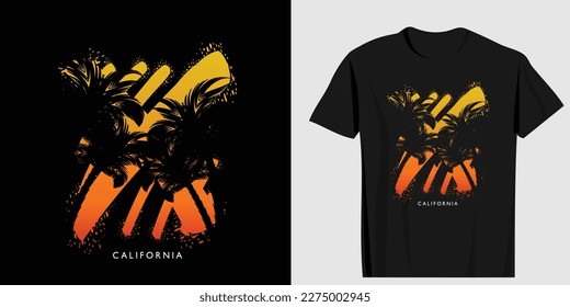 Sunset, palm trees silhouette. California slogan text, summer vacation concept. Vector illustration design for fashion graphics, t shirt prints, sweatshirts.