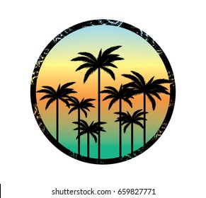 Sunset and palm trees silhouette in circle frame
vector abstract nature illustration, icon