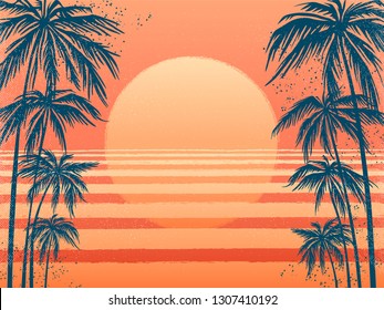 sunset with palm trees, trendy pink background. Vector illustration, design element for congratulation cards, print, banners and others