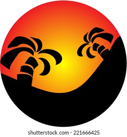sunset with palms and ocean illustration