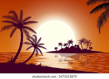 Sunset with palms at sea Hot tropical island with palm trees. vector illustration in flat design