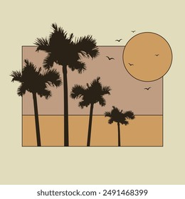 Sunset with the palms tree on beige background. Minimalist Miami beach landscape. Aesthetic 2d vector artwork.