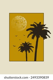 Sunset with the palms tree on beige background. Minimalist Miami beach landscape. Aesthetic 2d vector artwork