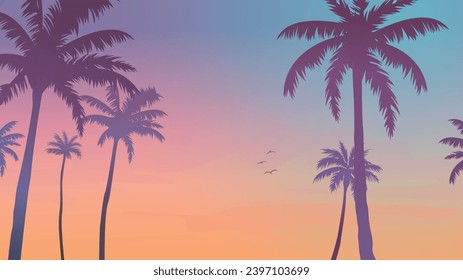 Sunset with the palms tree on colourful background. Vector illustration