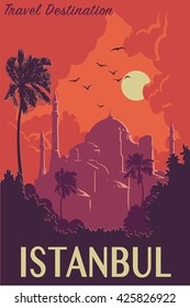 Sunset panorama of Istanbul with silhouettes of trees and Hagia Sophia. Retro poster design. Vintage style poster. EPS10 vector illustration.