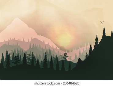 Sunset Panorama of Mountain Ridges and Pine Forest - Vector Illustration
