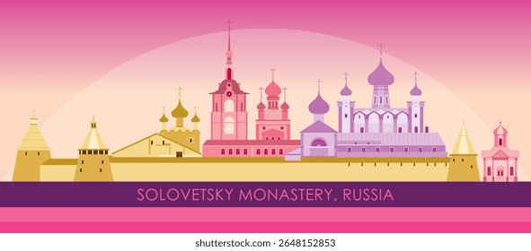 Sunset panorama of Solovetsky Monastery, Russia - vector illustration