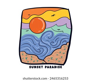 Sunset Paradise graphics design, typography slogan on background. Summer beach vibes. Sunshine with wave. Sunset Summer Wave Beach Vibes.