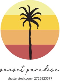 Sonnenuntergang Paradies Palmendruck Design Surfen Vektorgrafik handgezeichnet