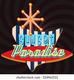 Sunset Paradise retro neon sign, vintage billboard, bright signboard, light banner