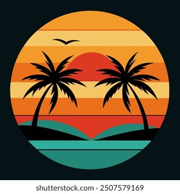 Sunset Paradise: Una ilustración de inspiración retro de palmeras silueteadas contra una vibrante puesta de sol sobre un océano tranquilo. Perfecto para vibraciones tropicales, vacaciones de verano y diseños nostálgicos. 