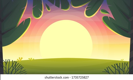 fondo del parque de la puesta del sol, parque natural o césped forestal y puesta de sol cielo violeta y nubes rosa. paisaje de ilustración de dibujos animados vectoriales