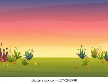 sunset park background, nature park or forest lawn glade and sunset sky sun violet and pink clouds. vector cartoon illustration landscape