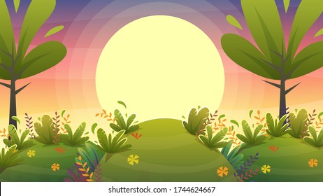 sunset park background, nature park or forest lawn glade and sunset sky sun violet and pink clouds. vector cartoon illustration landscape