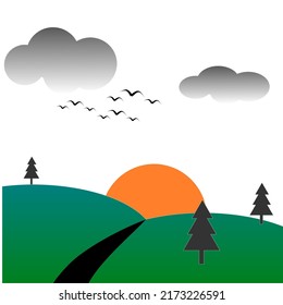 sunset in the park with black fir trees and birds