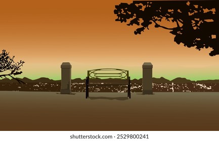 Sunset in a park overlooking the city with a bench and a fence. Vector illustration for interior design and scenes