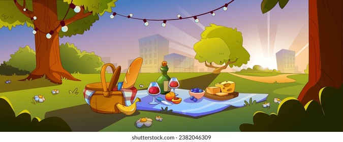 Sunset park with picnic basket cartoon background. Lunch with fruit on mat setup sunny scene. Romantic outdoor meal with garland and wicker box. Flowers on grass near tree in spring nature panorama