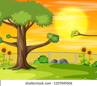 Sunset in park scene illustration