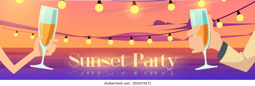 Sunset party poster with happy couple on sea coast