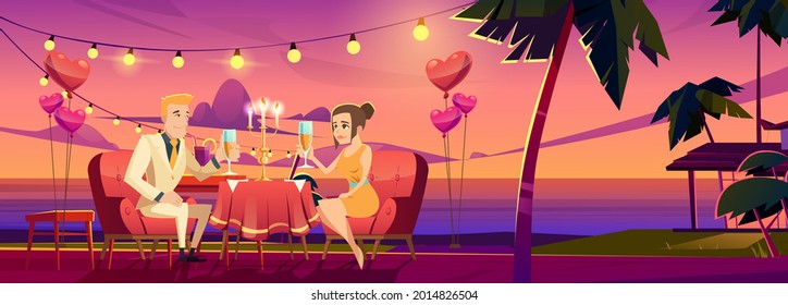 Sunset party poster with happy couple on sea coast