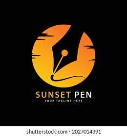 sunset pen logo vector- educational logo template, sunset vector, image