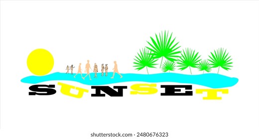 Sunset and people relaxing on the beach vector illustration