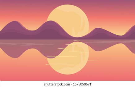 Sunset pictures With mountains reflected on the water. Designed for illustration, games and animation