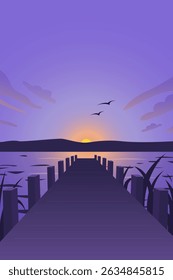 Sunset Pier on Lake – Vector Landscape with Wooden Dock, Birds, Hills and Calm Water in Purple Tones